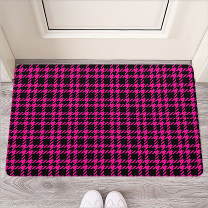 Hot Pink And Black Houndstooth Print Rubber Doormat