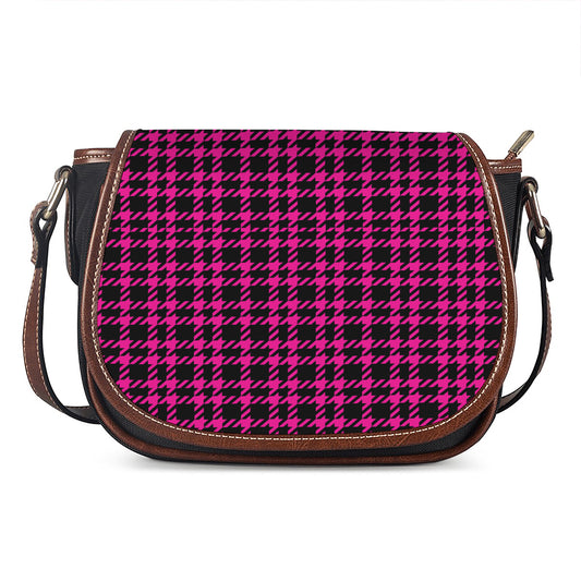 Hot Pink And Black Houndstooth Print Saddle Bag
