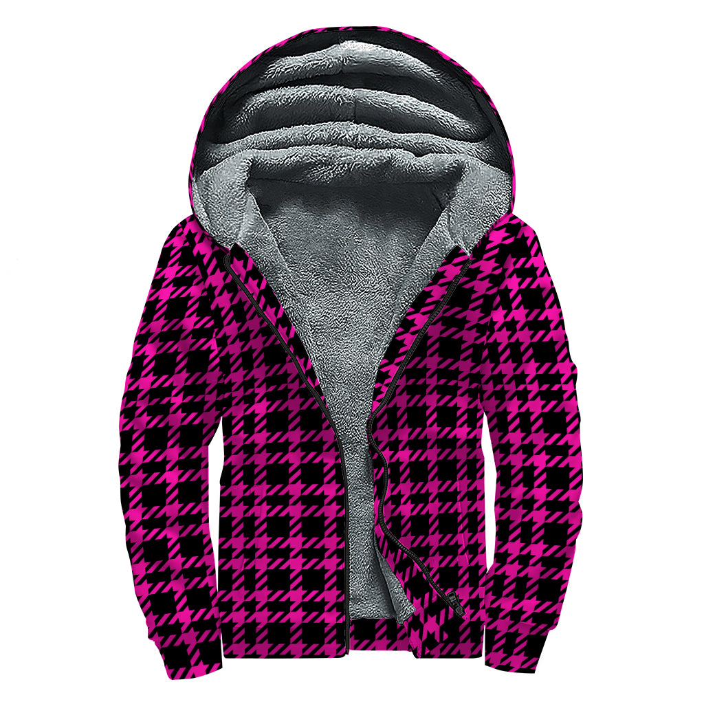 Hot Pink And Black Houndstooth Print Sherpa Lined Zip Up Hoodie