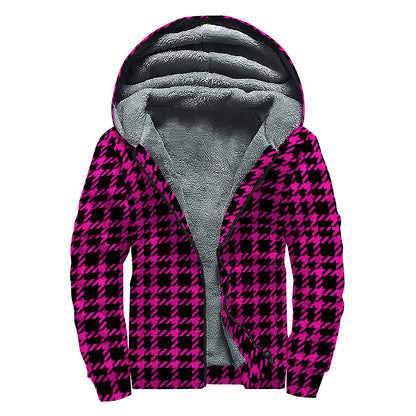 Hot Pink And Black Houndstooth Print Sherpa Lined Zip Up Hoodie