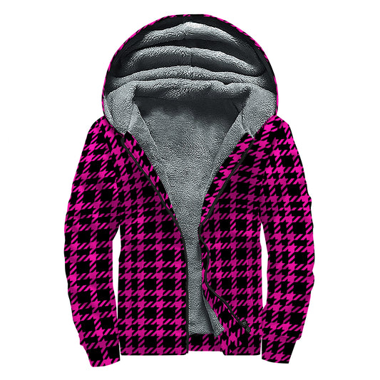 Hot Pink And Black Houndstooth Print Sherpa Lined Zip Up Hoodie