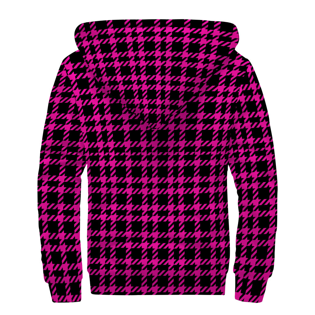 Hot Pink And Black Houndstooth Print Sherpa Lined Zip Up Hoodie
