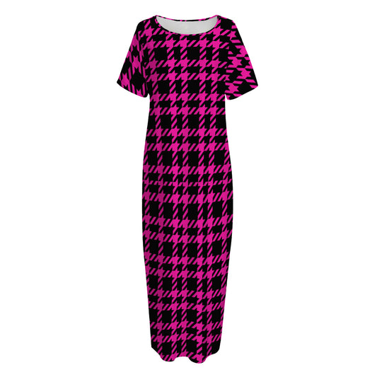 Hot Pink And Black Houndstooth Print Short Sleeve Long Nightdress