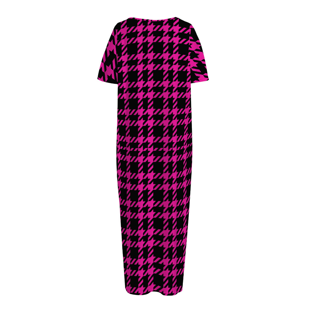 Hot Pink And Black Houndstooth Print Short Sleeve Long Nightdress
