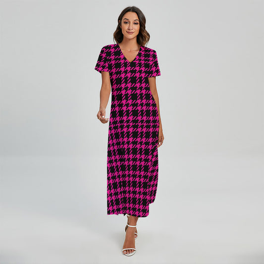 Hot Pink And Black Houndstooth Print Short Sleeve Maxi Dress