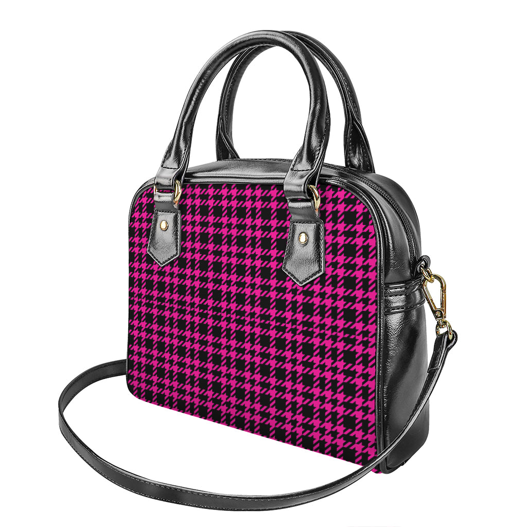 Hot Pink And Black Houndstooth Print Shoulder Handbag