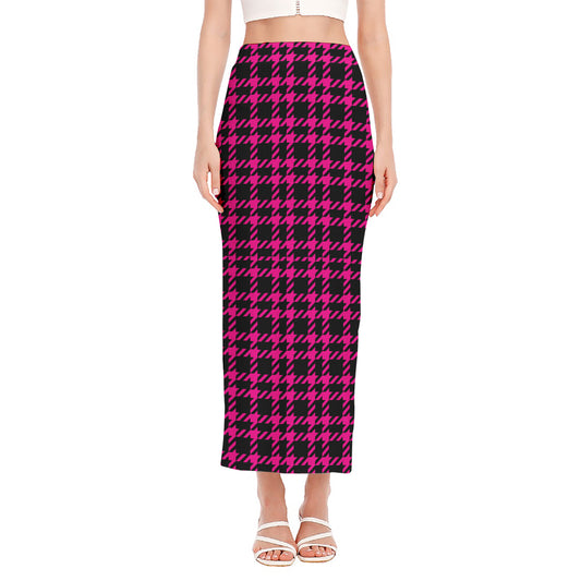 Hot Pink And Black Houndstooth Print Side Slit Maxi Skirt