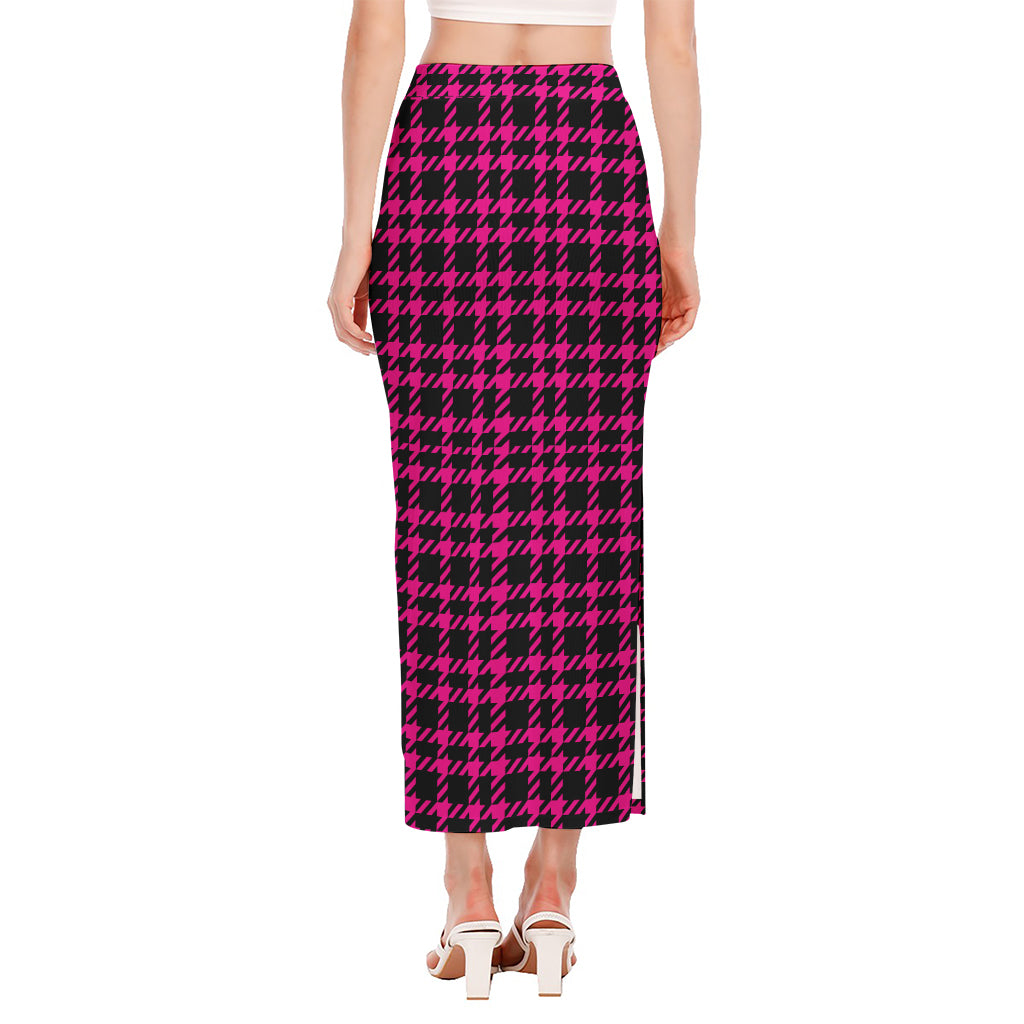 Hot Pink And Black Houndstooth Print Side Slit Maxi Skirt