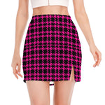 Hot Pink And Black Houndstooth Print Side Slit Mini Skirt
