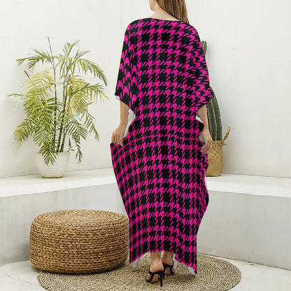 Hot Pink And Black Houndstooth Print Silk V-Neck Kaftan Dress
