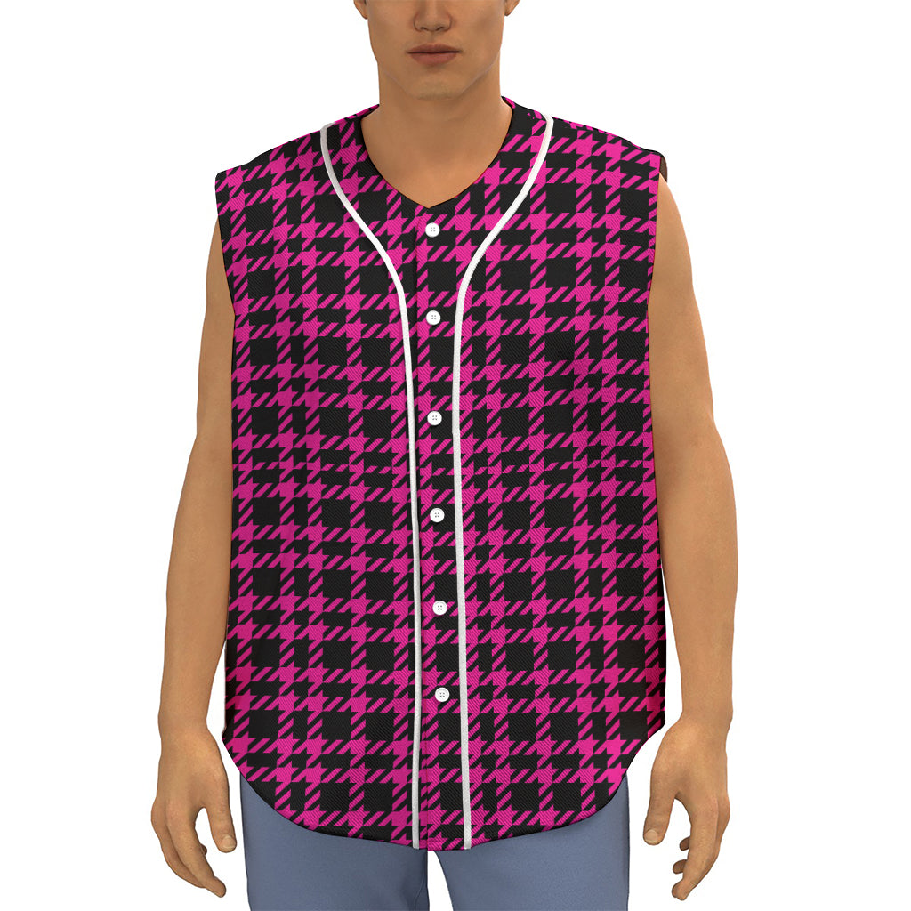 Hot Pink And Black Houndstooth Print Sleeveless Baseball Jersey