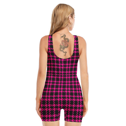 Hot Pink And Black Houndstooth Print Sleeveless One Piece Swimsuit