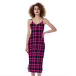 Hot Pink And Black Houndstooth Print Slim Fit Midi Cami Dress
