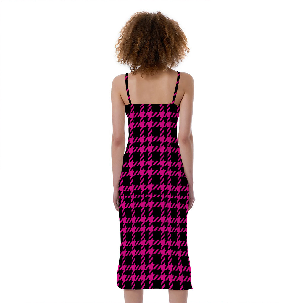 Hot Pink And Black Houndstooth Print Slim Fit Midi Cami Dress
