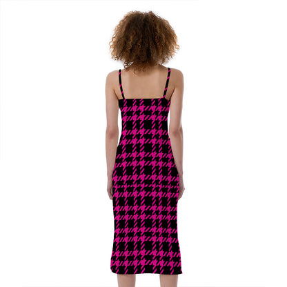 Hot Pink And Black Houndstooth Print Slim Fit Midi Cami Dress