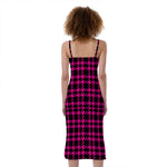 Hot Pink And Black Houndstooth Print Slim Fit Midi Cami Dress