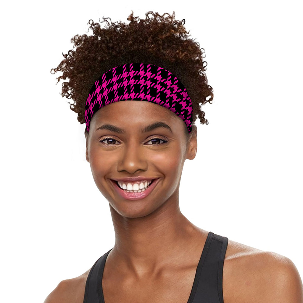 Hot Pink And Black Houndstooth Print Sports Headband