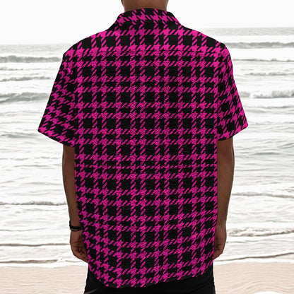 Hot Pink And Black Houndstooth Print Textured Short Sleeve Shirt