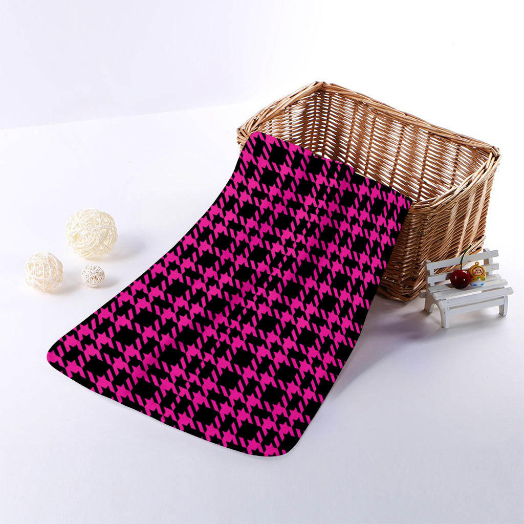 Hot Pink And Black Houndstooth Print Towel