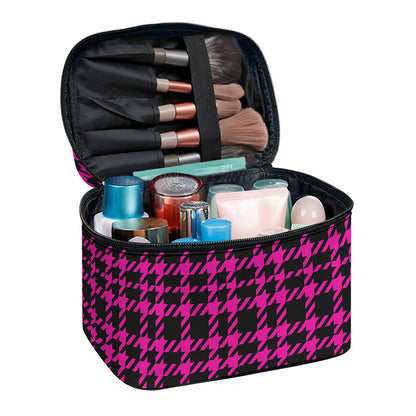 Hot Pink And Black Houndstooth Print Travel Makeup Bag
