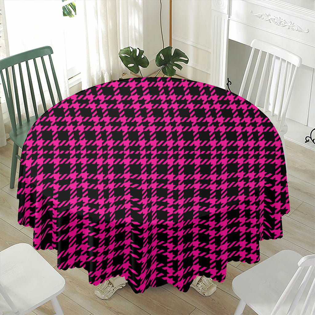 Hot Pink And Black Houndstooth Print Waterproof Round Tablecloth