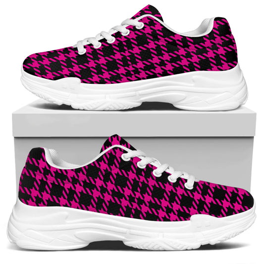 Hot Pink And Black Houndstooth Print White Chunky Shoes