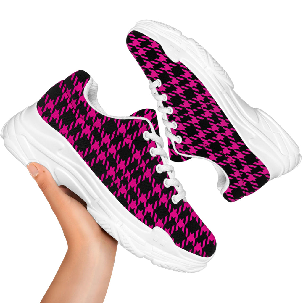 Hot Pink And Black Houndstooth Print White Chunky Shoes