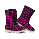 Hot Pink And Black Houndstooth Print Winter Boots