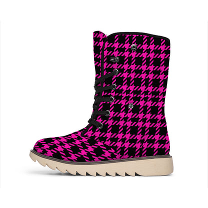 Hot Pink And Black Houndstooth Print Winter Boots