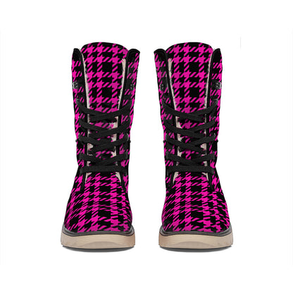 Hot Pink And Black Houndstooth Print Winter Boots