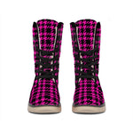 Hot Pink And Black Houndstooth Print Winter Boots