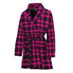 Hot Pink And Black Houndstooth Print Women's Bathrobe