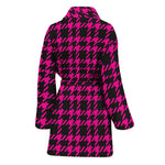 Hot Pink And Black Houndstooth Print Women's Bathrobe