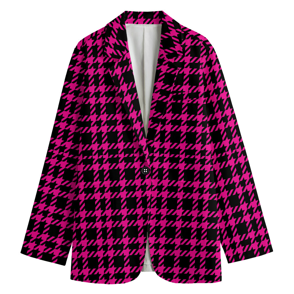 Hot Pink And Black Houndstooth Print Women's Blazer
