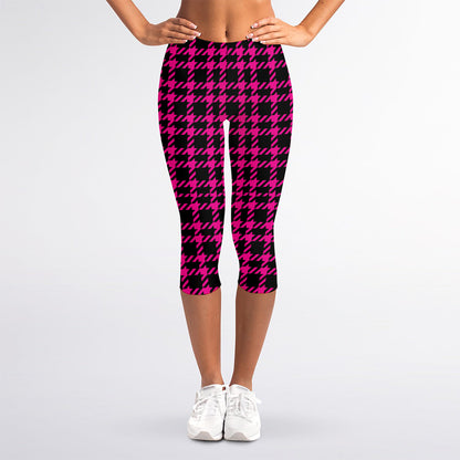 Hot Pink And Black Houndstooth Print Women's Capri Leggings