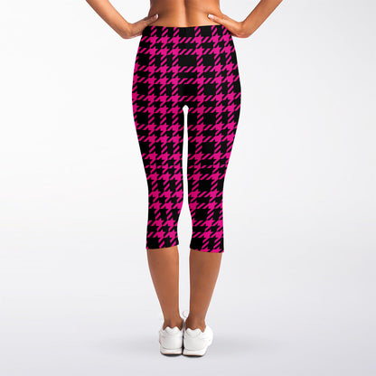 Hot Pink And Black Houndstooth Print Women's Capri Leggings