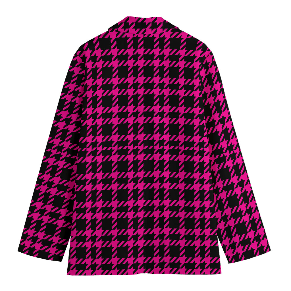 Hot Pink And Black Houndstooth Print Women's Cotton Blazer