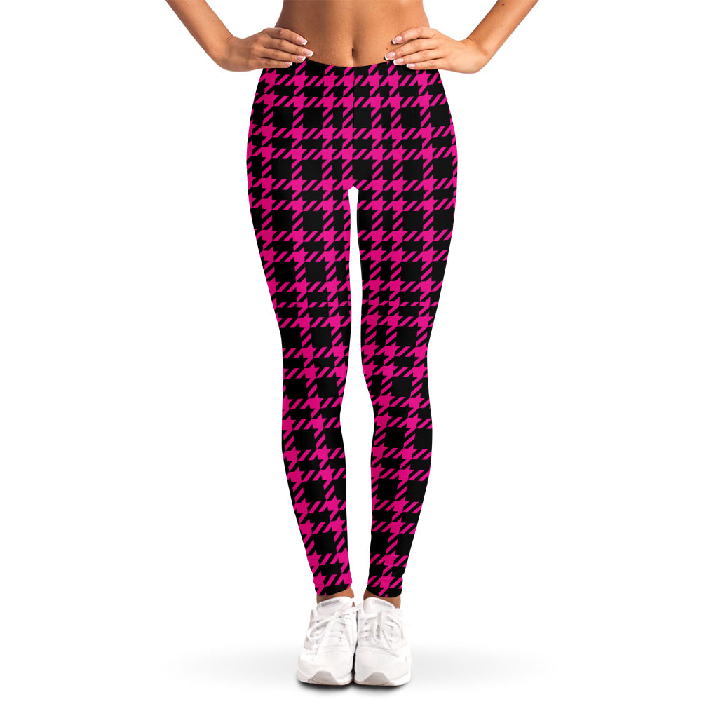 Hot Pink And Black Houndstooth Print Women's Leggings