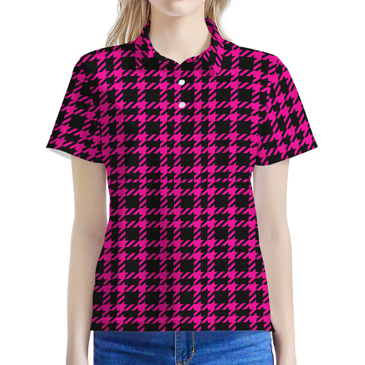 Hot Pink And Black Houndstooth Print Women's Polo Shirt