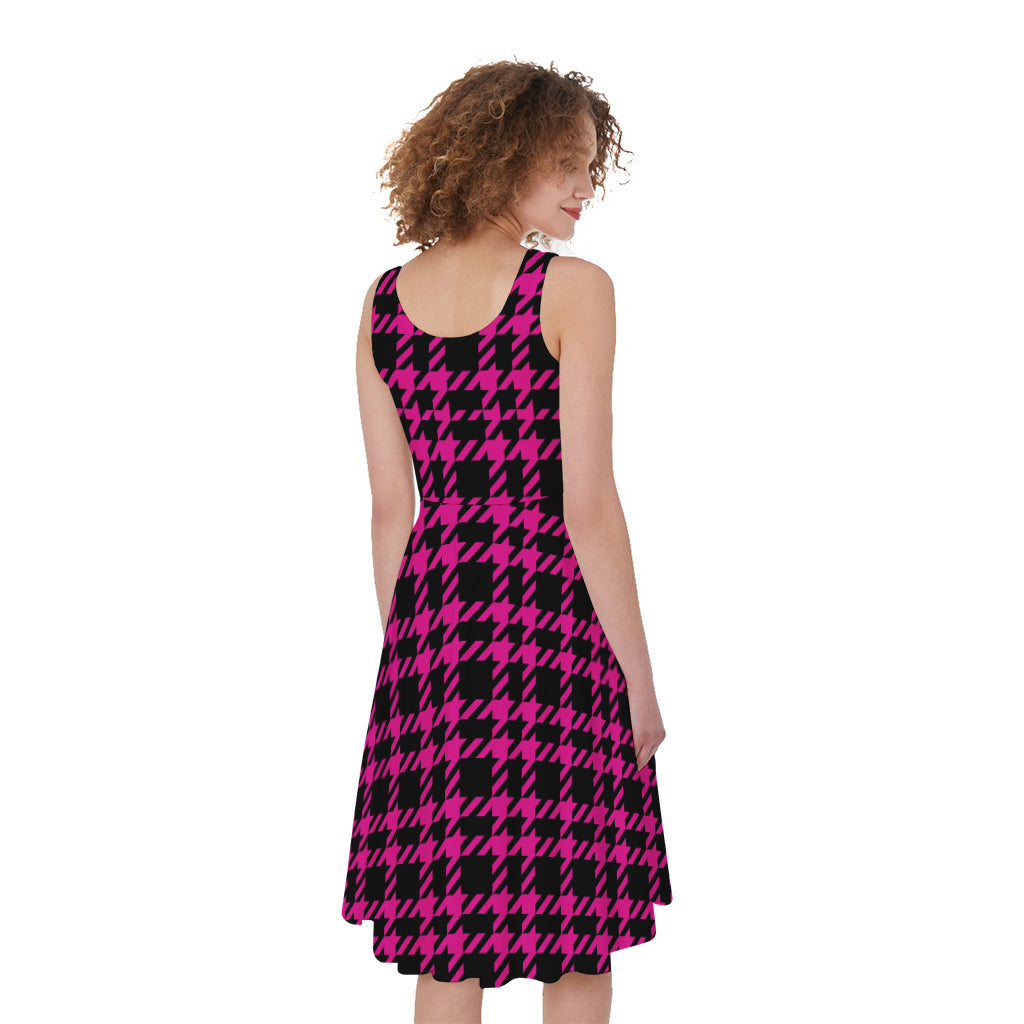 Hot Pink And Black Houndstooth Print Women's Sleeveless Dress