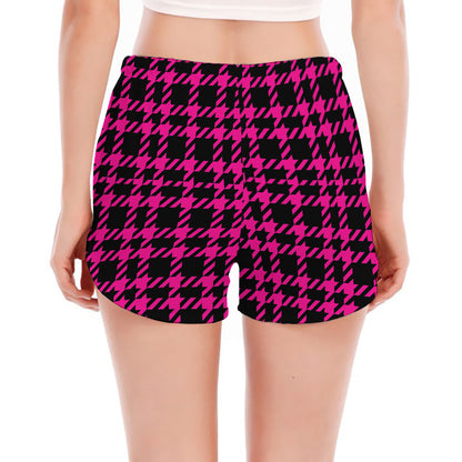 Hot Pink And Black Houndstooth Print Women's Split Running Shorts