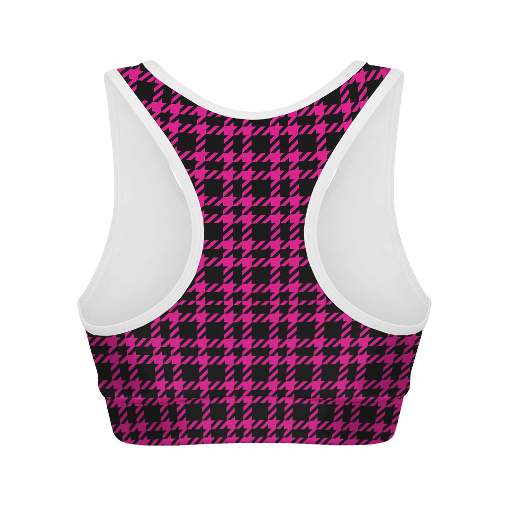 Hot Pink And Black Houndstooth Print Women's Sports Bra