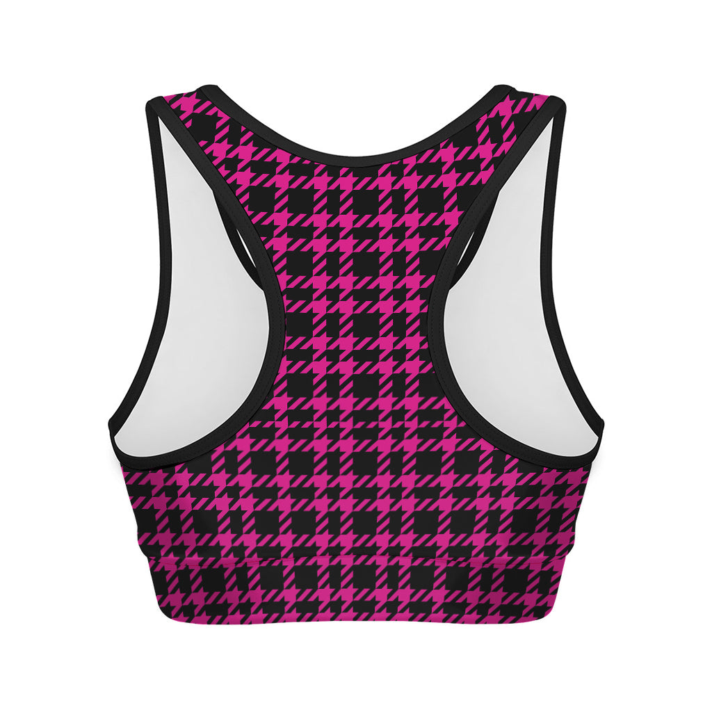 Hot Pink And Black Houndstooth Print Women's Sports Bra