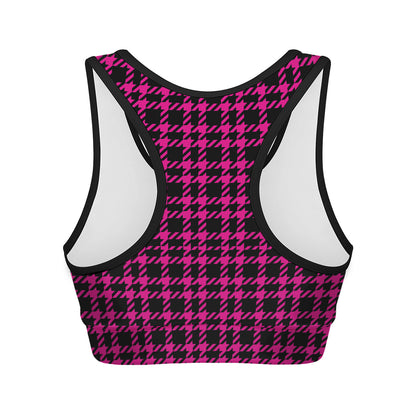 Hot Pink And Black Houndstooth Print Women's Sports Bra