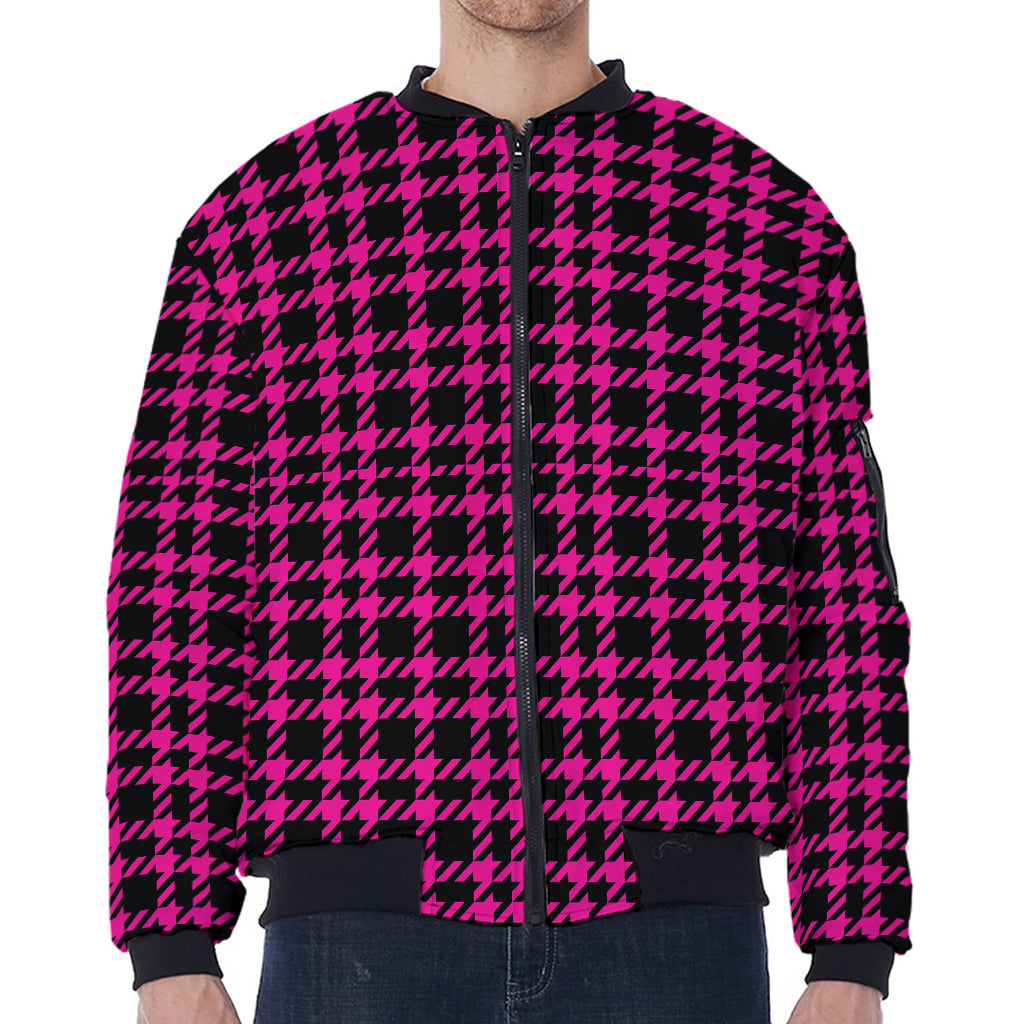 Hot Pink And Black Houndstooth Print Zip Sleeve Bomber Jacket