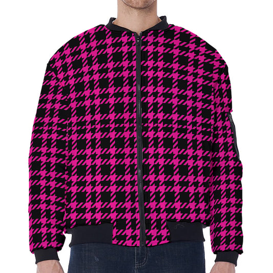 Hot Pink And Black Houndstooth Print Zip Sleeve Bomber Jacket