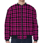 Hot Pink And Black Houndstooth Print Zip Sleeve Bomber Jacket