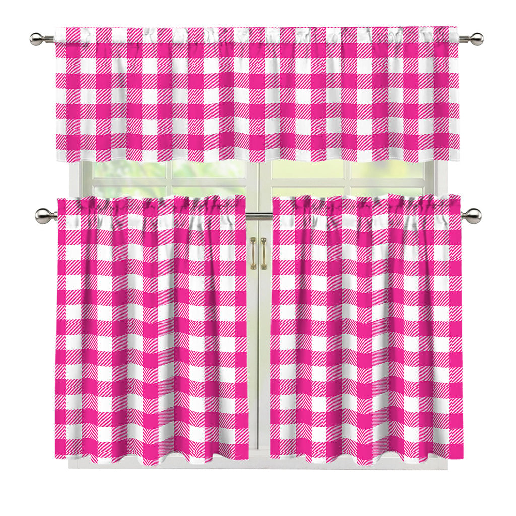 Hot Pink And White Buffalo Check Print 3 Piece Kitchen Curtains