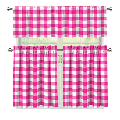 Hot Pink And White Buffalo Check Print 3 Piece Kitchen Curtains