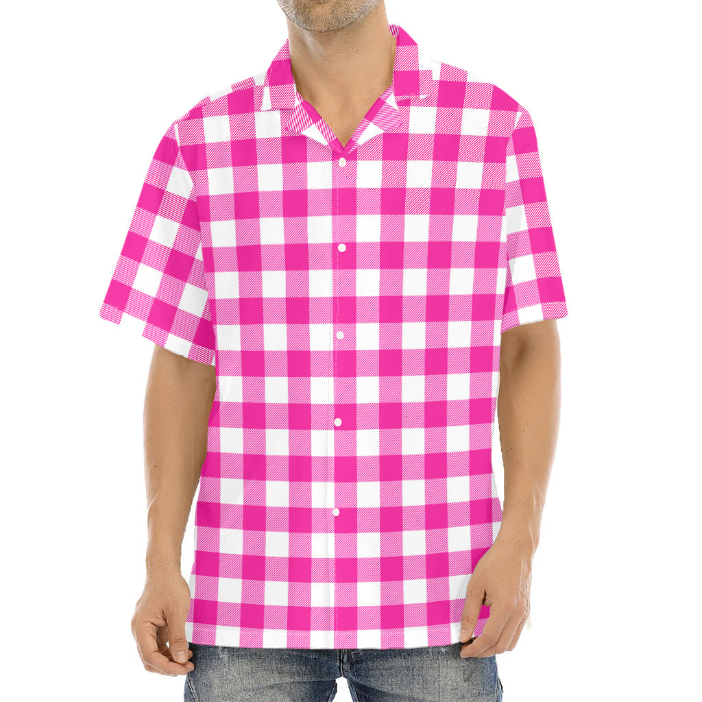 Hot Pink And White Buffalo Check Print Aloha Shirt